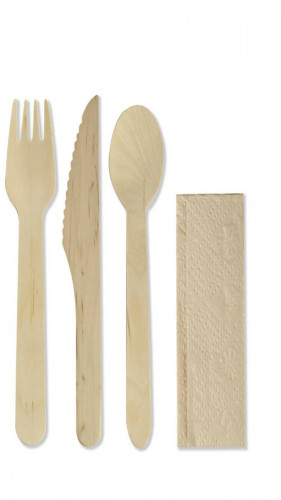 Kit cuillère, fourchette, couteau en bois et serviette kraft 23cm Earth Essentials (500 pièces)